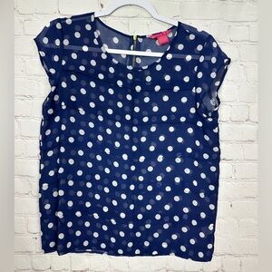 Sunny Leigh Blue White Polka Dot Short Sleeve Blouse Sz‎ S, GUC